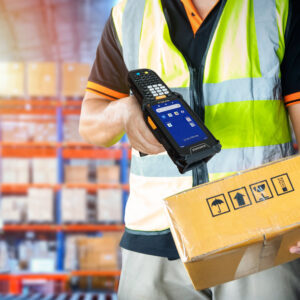 Workers,Scanning,Bar,Code,Scanner,On,Packaging,Boxes.,Shipping,Storehouse.